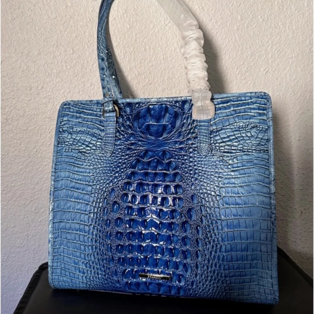 NWT BRAHMIN TIA ELECTRIC BLUE OMBRE MELBOURNE CROC-EMBOSSED LEATHER SATCHEL‎